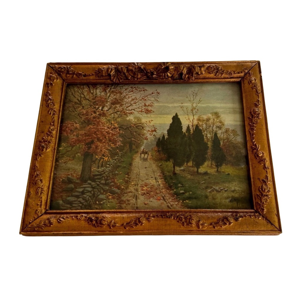 Antique Autumn Landscape Print Framed Horse & Carriage Country Road Art